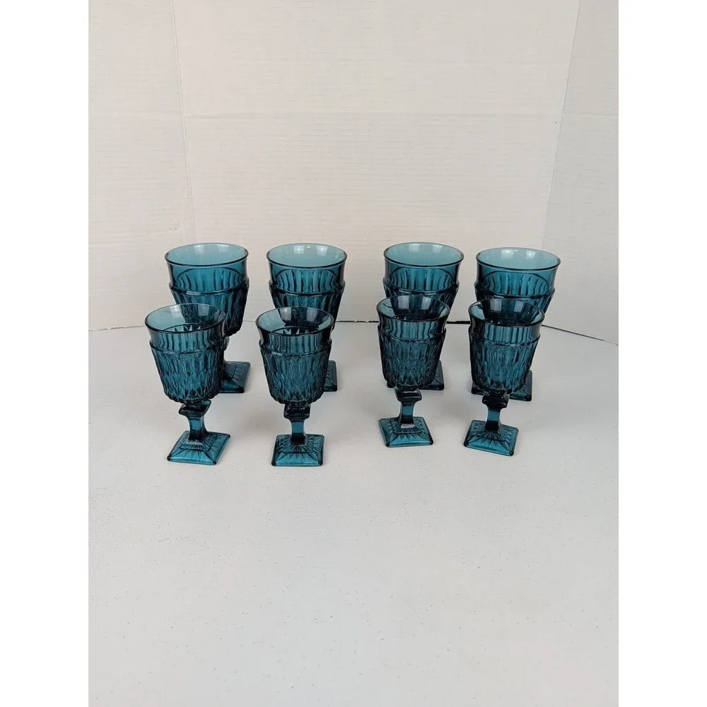 Rare 1970s Vintage Blue Indiana Glass Mt Vernon Footed Goblets Set Of 8